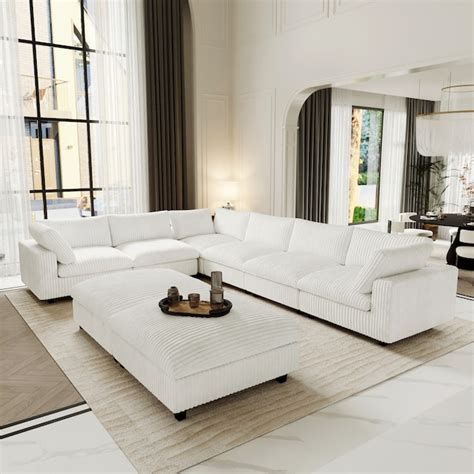BuotiqHom 157-in W Modern White Velvet 6+seats Storage Sectional with ...