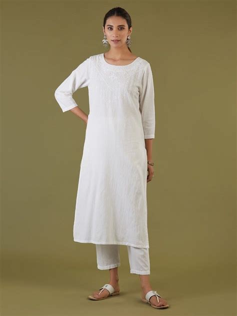 Buy White Embroidered Linen Viscose Kurta with Pants - Set of 2 | DHK ...