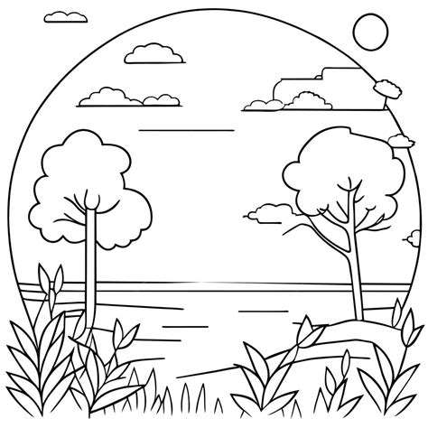 Kleurplaat landschap natuurscènes met zonnewolken of weide ...