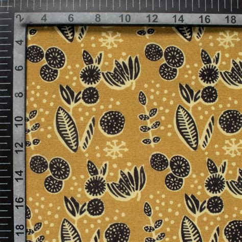 Ochre Yellow And Black Leaf Pattern Digital Print Linen Textured Fabri ...