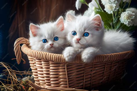 Premium Photo | Fluffy white kittens sitting in a wicker basket ...