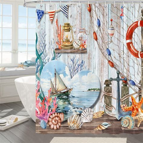 Nautical Shower Curtain, Summer Beach Sea Shower Curtain Set for ...