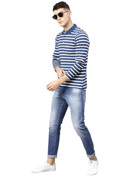 Men's Polo Collar Full Sleeves Yarn Dyed Striped Cotton T-Shirt - Navy ...