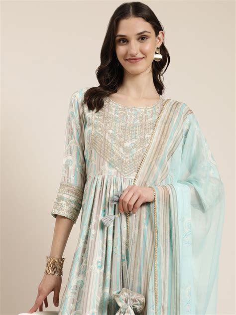 SHOWOFF Women's Round Neck Floral Calf Length Empire Turquoise Blue ...