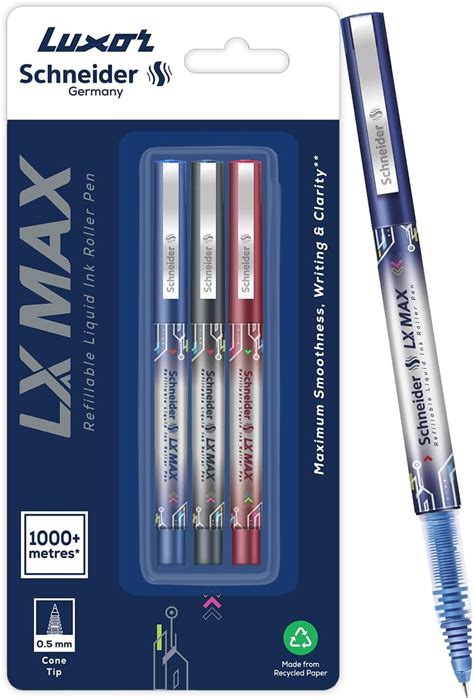 Luxor Schneider LX MAX roller ball pen, Pack of 3 - Blue+Black+Red ...