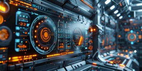 Futuristic spaceship control room with glowing orange and blue ...