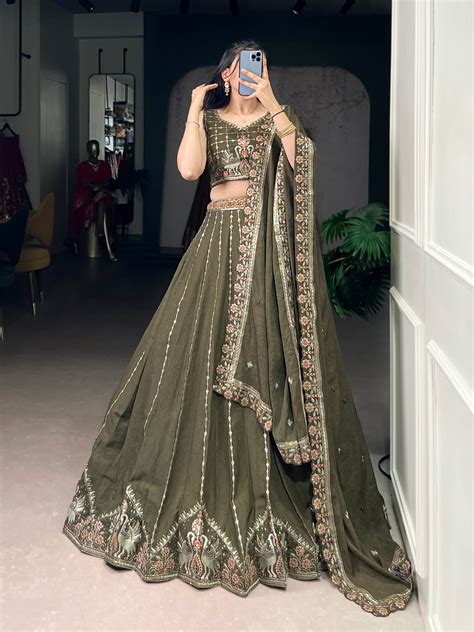 Zarakh Olive Green Silk Sequins Thread Embroidery Work Lehenga Choli ...