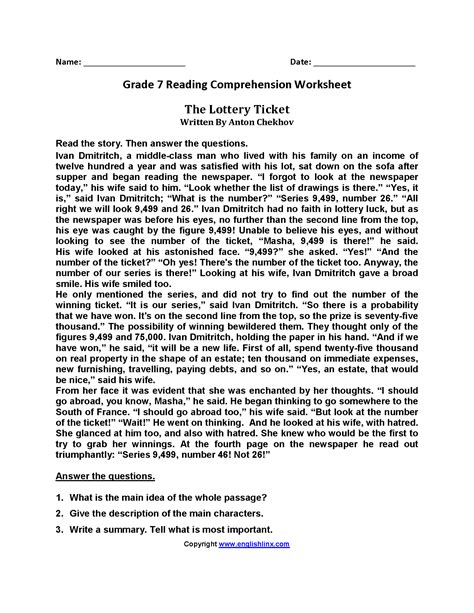 Reading Comprehension 7th Grade Printable