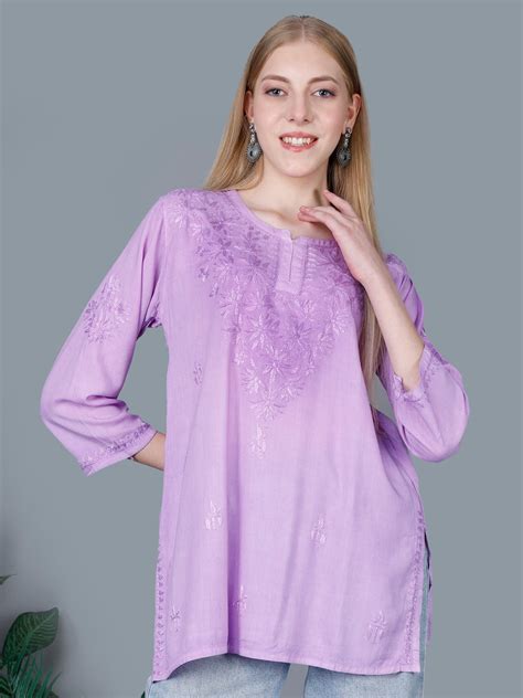 The Chikankari Story Women’s Lucknowi Hand-Embroidered Rayon Short Kur ...