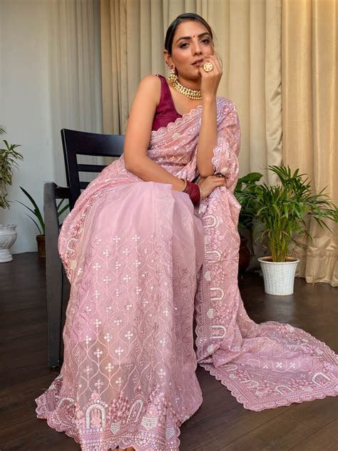 Blush Pink Organza Silk Saree with Scalloped Border – Zilikaa