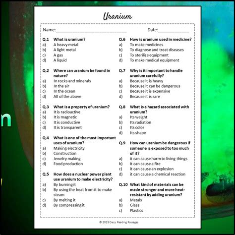 Uranium Reading Comprehension Passage and Questions | Printable PDF ...