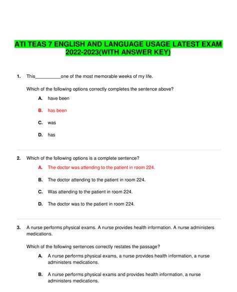 ATI TEAS 7 ENGLISH AND LANGUAGE USAGE LATEST EXAM 2022-2023(WITH ANSWER ...