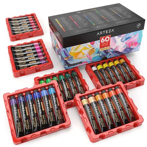 Arteza Acrylic Paint Set, 60 Colors/Tubes (22 ml, 0.74 oz.) with ...