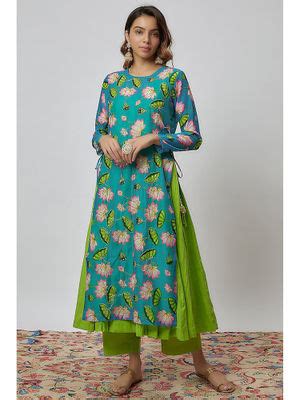 Buy Yuvrani Jaipur Parrot Green and Blue Printed Chanderi Kurta (Set of ...