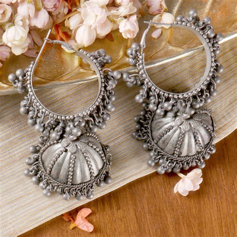 Teejh Indian Ethnic Jewellery | Pearl Silver Oxidised Jhumki Earrings