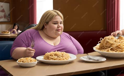 Premium Photo | Fat and obese young woman eating spaghetti at breakfast ...