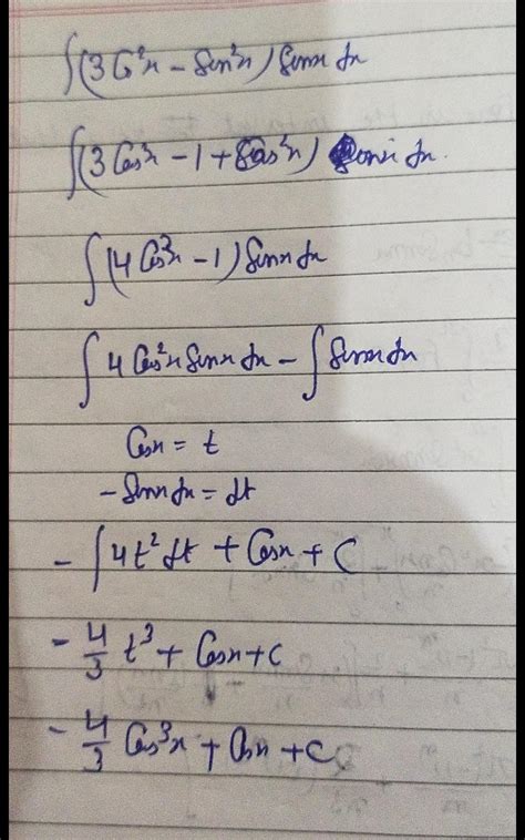 Integration of (3sinxcos^2x-sin^3x) dx