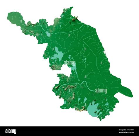 Jiangsu. A province of China. A detailed 3D rendering of a shaded relief map with rivers and ...