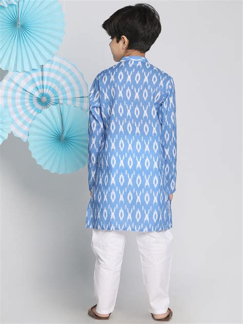 Boys Ikkat Kurta Pyjama Set in Aqua | VASTRAMAY – vastramay