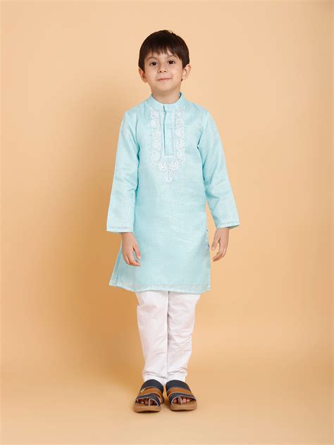 Boys Sky Blue Kota Yoke Embroidered Kurta And Pyjama Set – Piccolokids-in