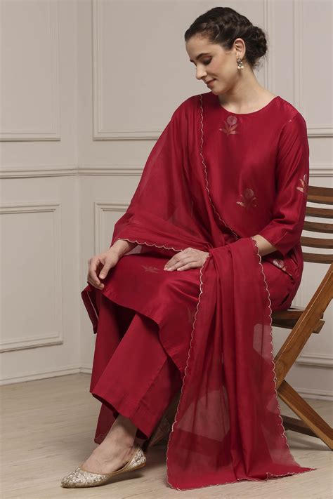 Buy Red Chanderi Printed Straight Suit Set Online at Biba India