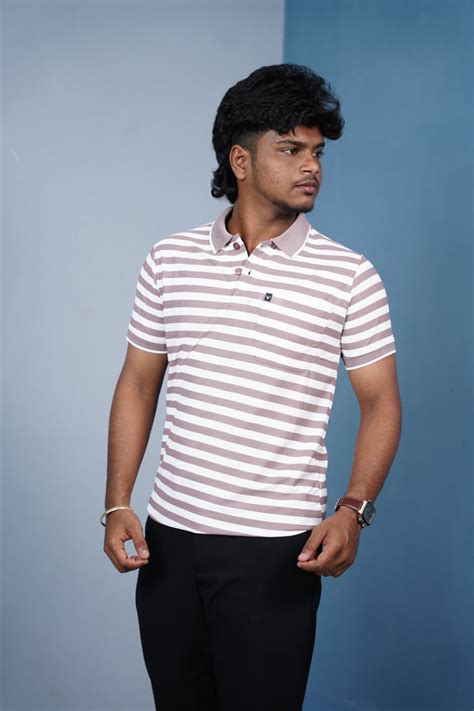 Short Sleeve Collar Neck Horizontal Striped Korean Press Button | 7 Man