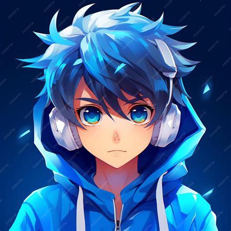 A blue anime character with white headphones and a blue hoodie ...