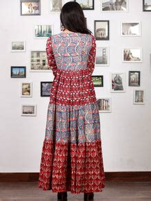 Indigo Red Beige Pink Hand Block Printed Long Cotton Tier Dress - D95F ...