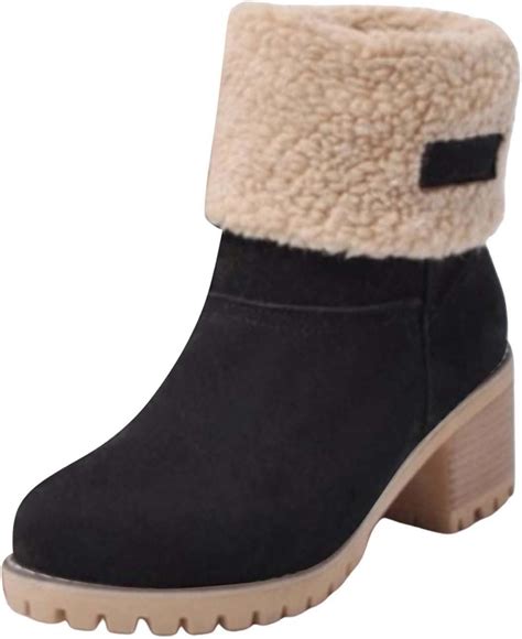 Snow Boots Women Winter Boots Ladies Fur Lined Mid Calf Boots Flat ...