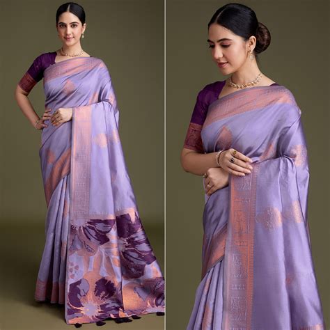 Lavender Floral Woven Banarasi Silk Saree