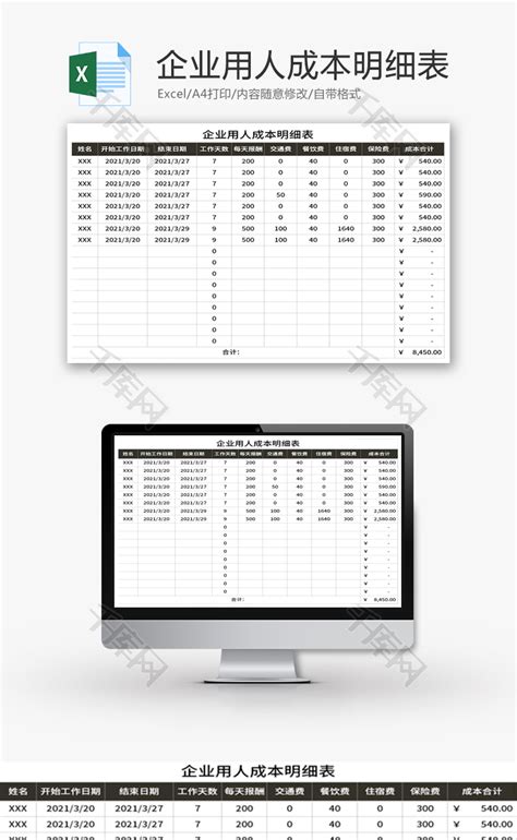 企业用人成本明细表Excel模板_千库网(excelID：142446)