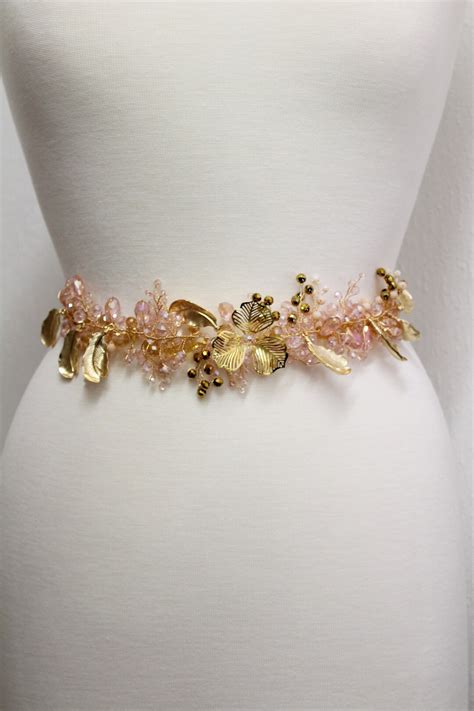 Gold Blush Pink Bridal Dress Belt Leaf Bridal Sash Wedding Dress Belt Sash Blush Floral Crystal ...