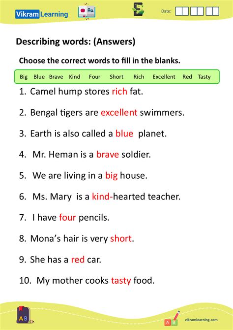 Descriptive Words Worksheet 的图像结果