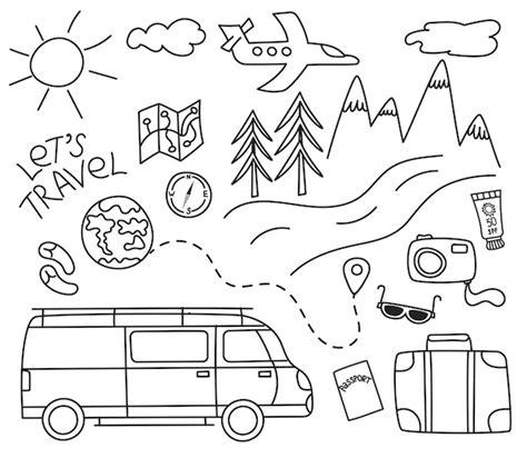 Travel set elements for active recreation travel map with a label hand ...