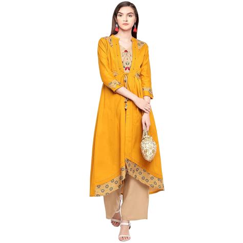 Buy Presence Ethnic Top, Shrug, Bottom Set (Mustard:Beige, Large) at ...