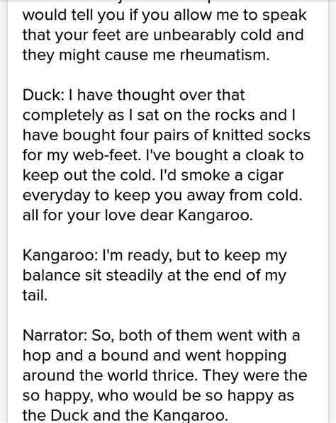 Prepare a choreography script of 'The duck and the kangaroo' - Brainly.in