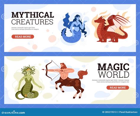 Mythical and Magical Creatures, Web Banners Set, Flat Vector ...