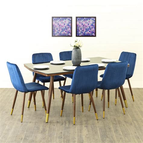 Home Centre Noir Novelty Blue Textured Glass Dining Table with 6 Chairs ...