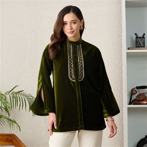 Green Golden Yoke Embroidered Velve… | First Resort by Ramola Bachchan