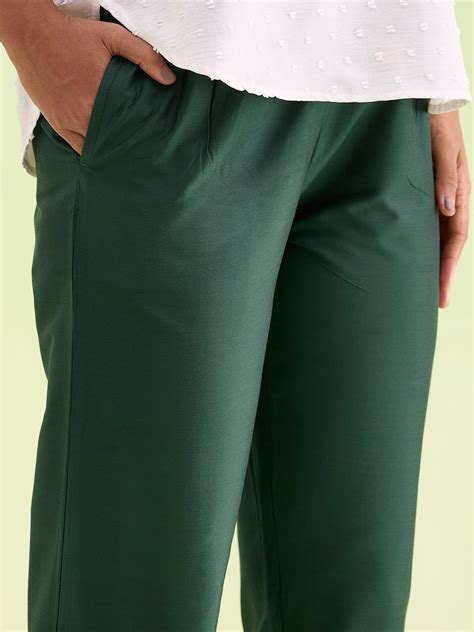 Women Bottle Green Solid Mid Rise Metallic Pants