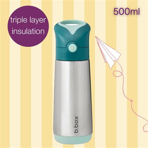 B.box Insulated Straw Sipper Drink Water Bottle, 500ml - Emerald Fores ...