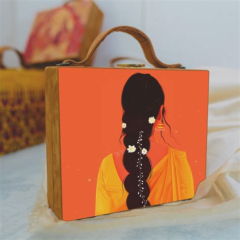 Orange Saree Girl Printed Suitcase Style Clutch - Artklim