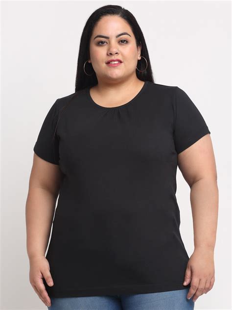 Buy PlusS Women Black Solid Regular Fit Cotton Plus Size T Shirt ...