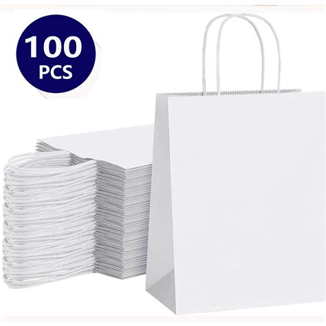 BagDream 100Pcs Paper Gift Bags 8x4.25x10.5 White Kraft Paper Bags with ...