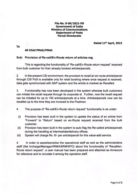Provision of Re call/En Route return of articles for bulk customers in ...