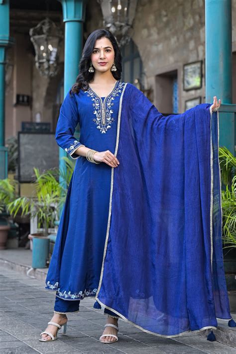Navy Blue Muslin Anarkali Suit with Handwork | Ethnic Wear
