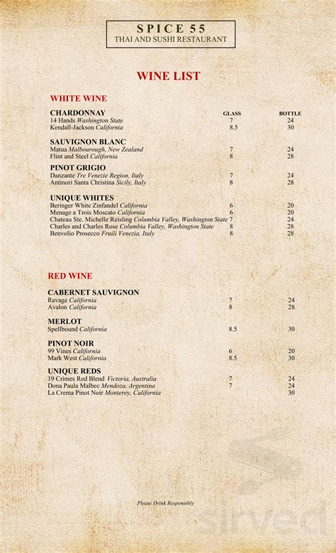 Spice 55 Thai and Sushi restaurant menu in Helen, Georgia, USA