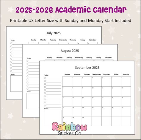 Printable 2025-2026 Academic Monthly Calendar Landscape, Instant PDF ...
