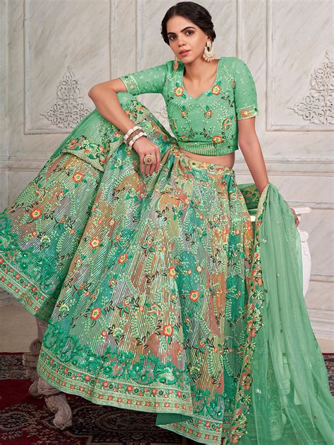 Green Net Semi stitched Lehenga With Unstitched Blouse