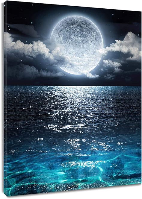 LB Framed Moon Over Ocean Canvas Wall Art Night Sky Full Moon White ...